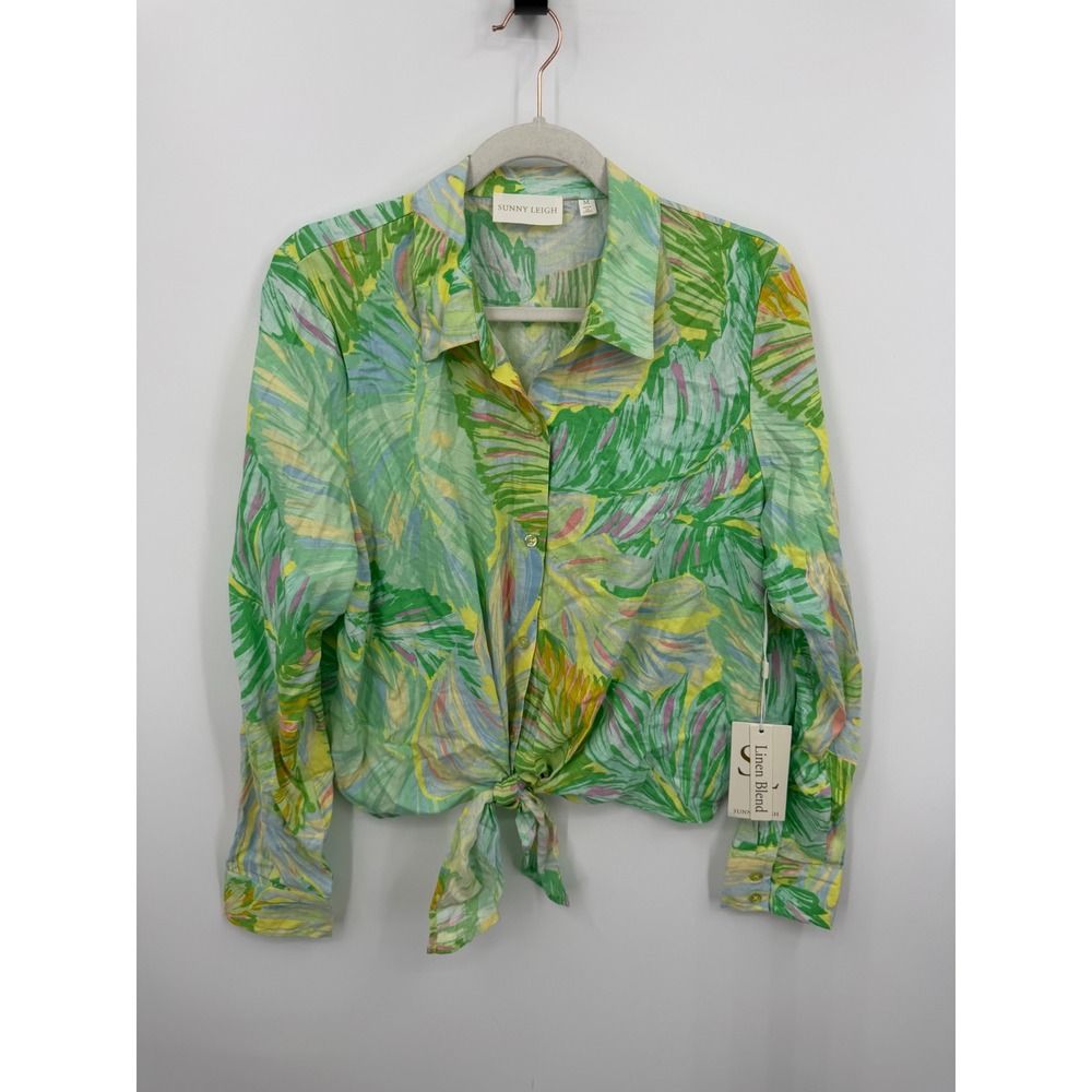 Sunny Leigh Tie Front Tropical Palm Print Top Womens Size M Green Linen Blend